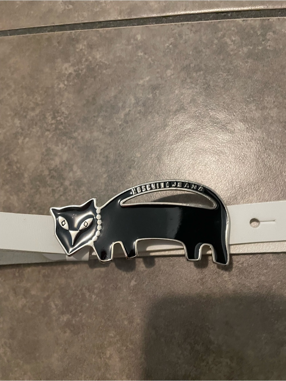 Moschino White Leather Belt with Black cat Enamel Buckle